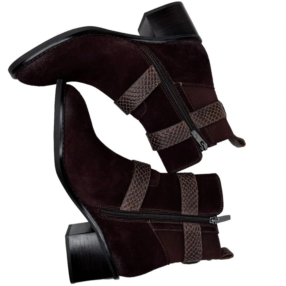 Donald J. Pliner NWOT Dahlin Suede Embossed Ankle Boots in Espresso Size 6.5 - Picture 2 of 11